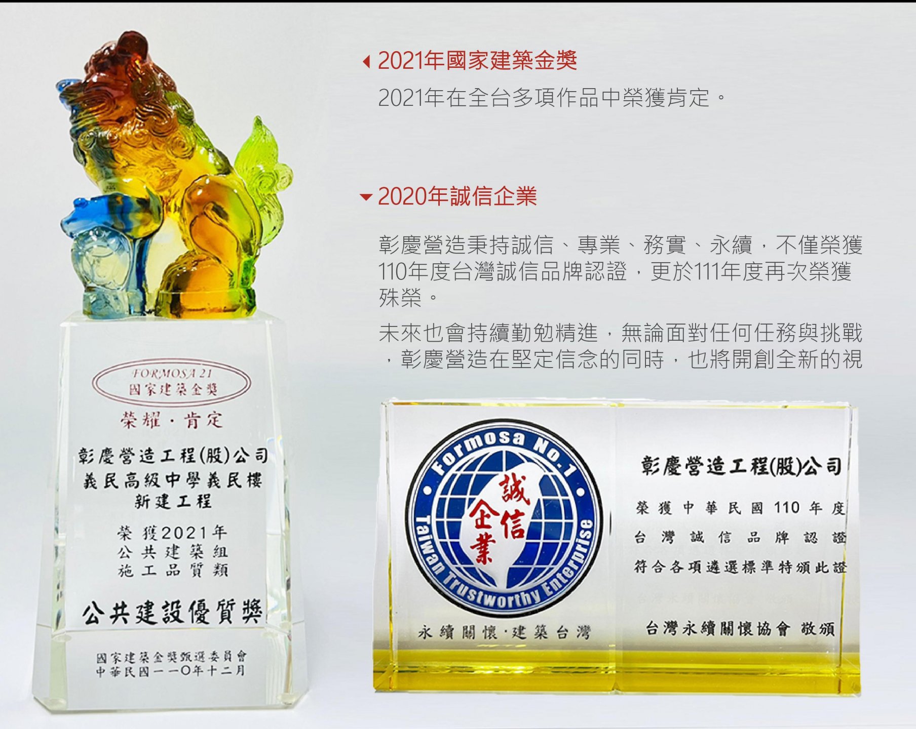 2021年榮獲雙冠王:公共建設優質獎、台灣誠信品牌認證