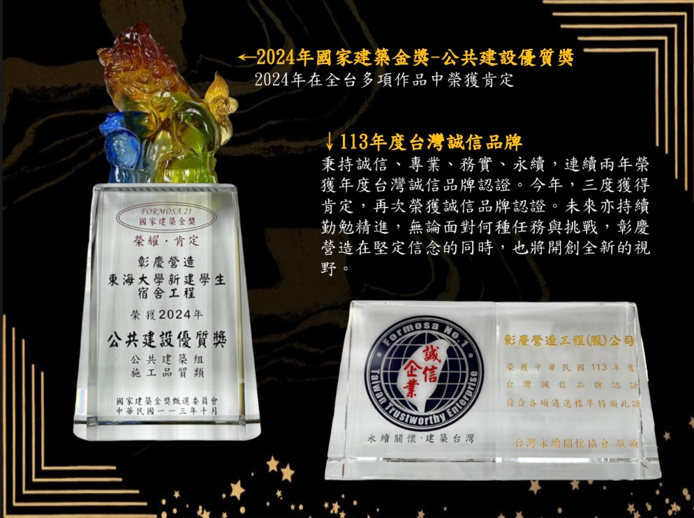 2024年榮獲雙冠王:國家建築金獎、台灣誠信品牌認證